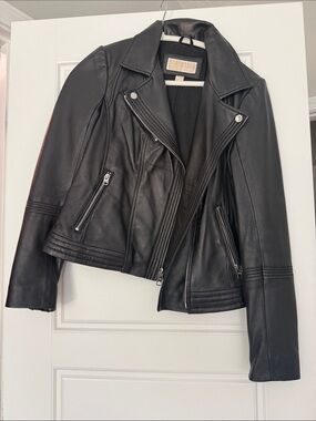 MICHAEL Michael Kors Black Leather Moto Jacket with Zip Details